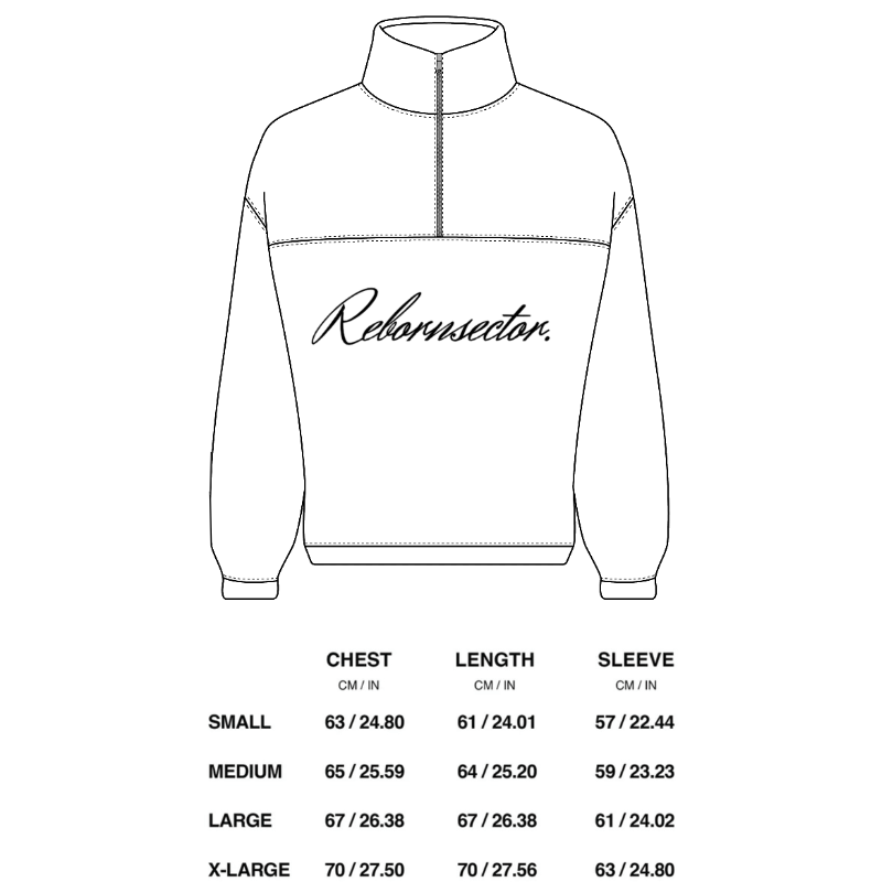 Size chart — "ASCENT" QUARTER ZIP - BLACK